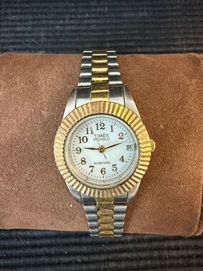 Vintage Timex Indiglo Presidential Watch Stainless Steel with Gold Crown Accent
